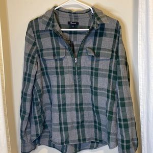 Madewell gray and green half zip flannel top L